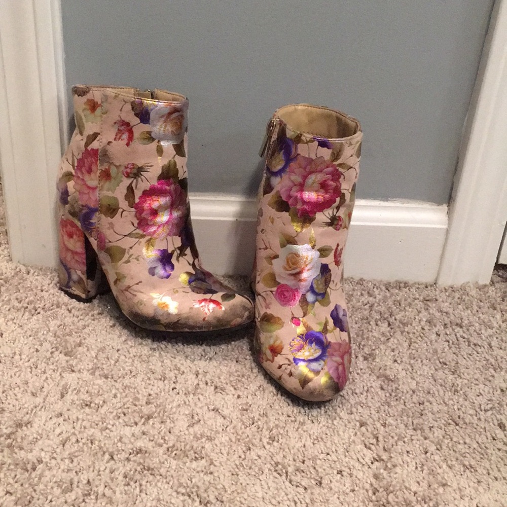 Pink floral high heel boots